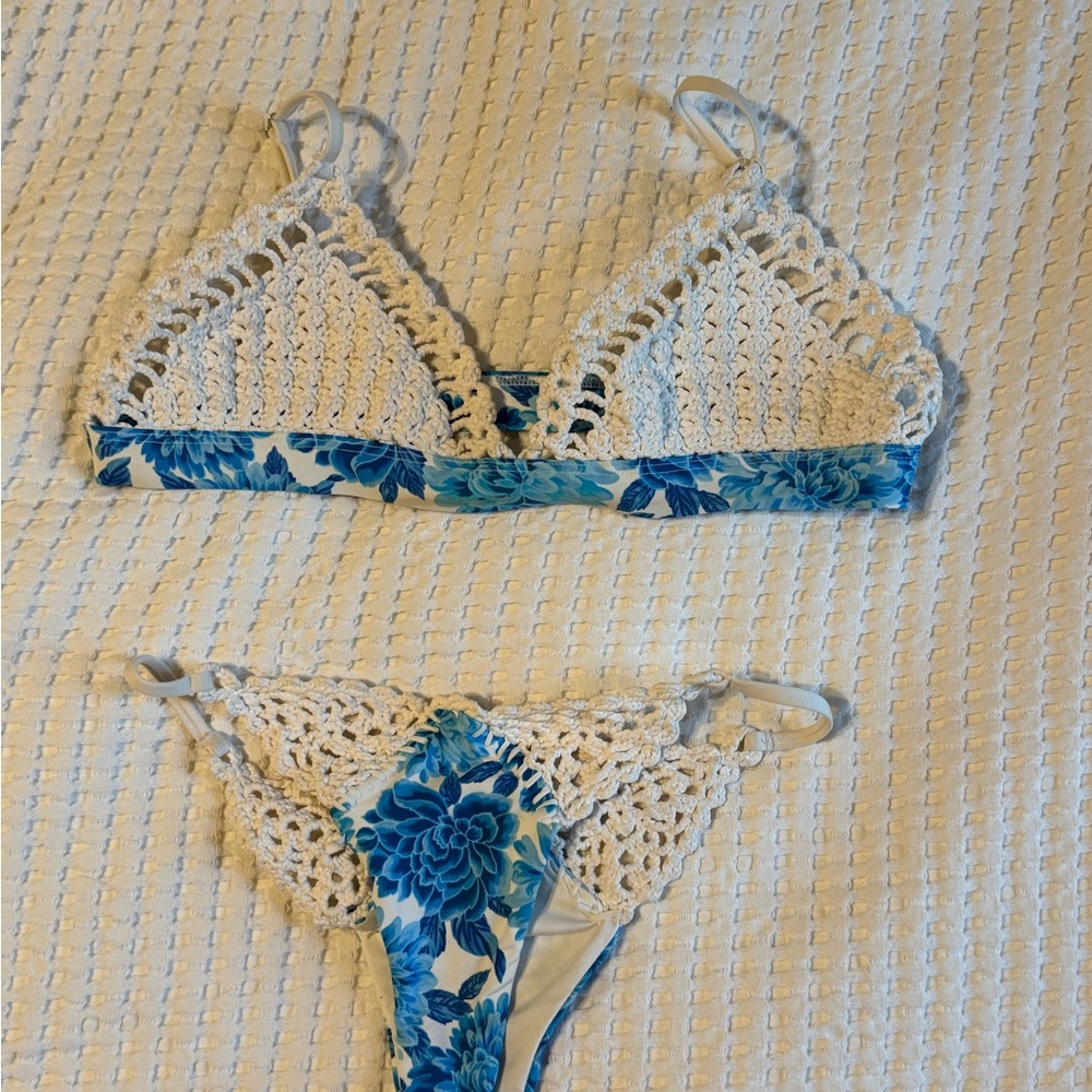 Frankie’s Bikinis Paisley Blue Crochet Bikini Set